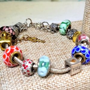 Colorful Glass and Metal Beaded Charm Bracelet Large Hole Beads w Safety Chain